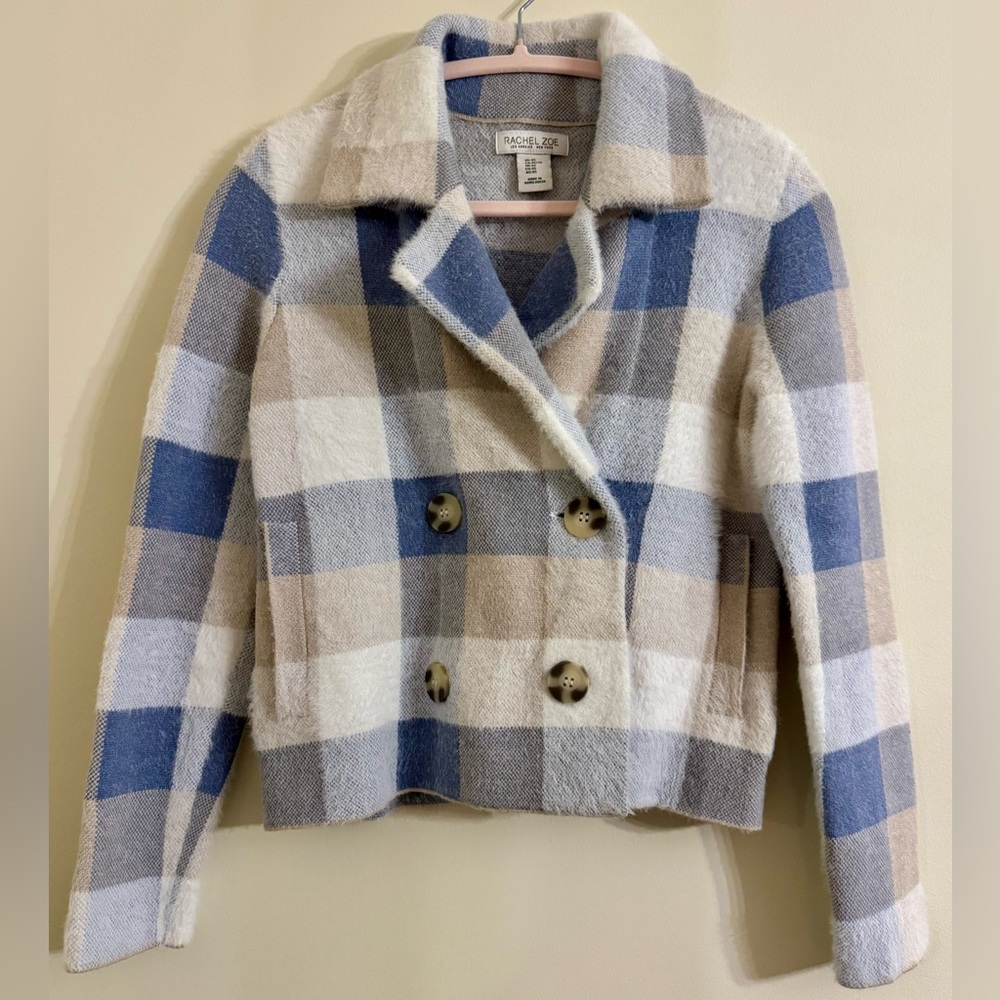 Rachel Zoe Blue & Cream Plaid Double Breasted Cardigan Blazer Jacket Size XS